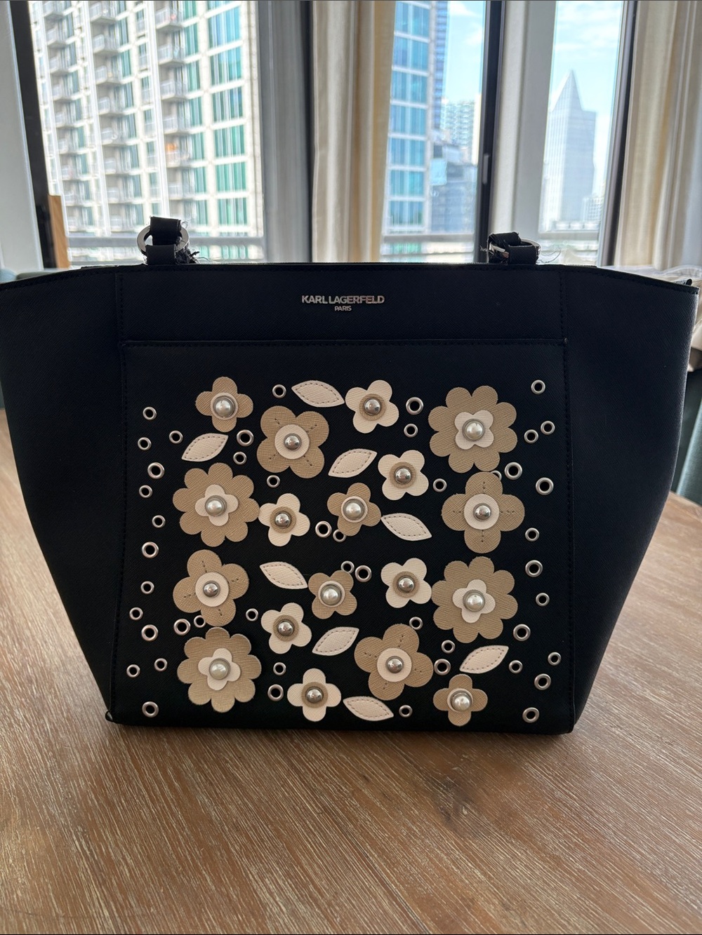 Preowned Karl Lagerfeld ParisBlack Tote with Beige & White Floral Embellishments